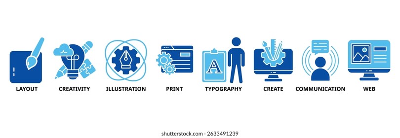 Graphic design icon set illustration contain layout, creativity, illustration, print, typography, create, communication and web.