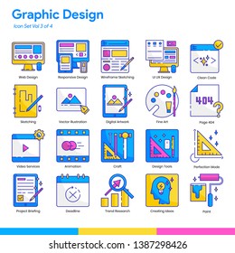 Graphic Design Icon Set. Line and Flat Color style. Vector EPS 10