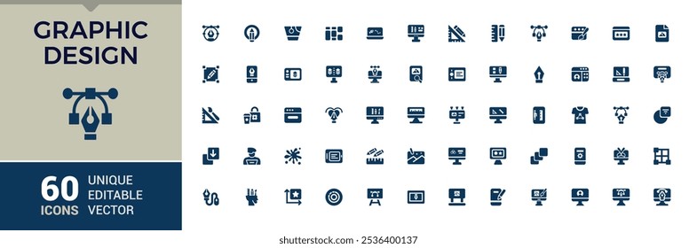 Graphic Design icon set. Related to background, digital design, paint brush, computer, graphic, color balance and more. Minimal filled icons. Editable glyph.
