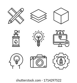 Icono de Diseño gráfico = Lápiz de regla, capa, cubo, pintura en aerosol, idea, monitor, cabeza, cámara, ajuste