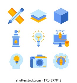 Icono de Diseño gráfico = Lápiz de regla, capa, cubo, pintura en aerosol, idea, monitor, cabeza, cámara, ajuste