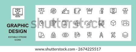  graphic design icon Set. Simple linear icons in a modern style flat, Creative Process. Graphic design, creative package, stationary, software and more, Editable stroke. Vector illustration