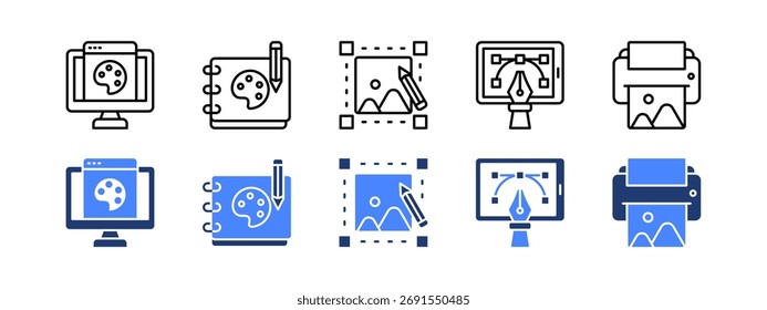 Ícone de design gráfico definido com Web design,Ilustração vetorial,Edição de imagem,Arte digital,Design de impressão.