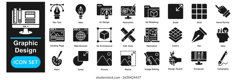 Graphic Design Icons Collection related to Design, Vector, Illustration, Icon, Set, Art, Creative, Digital, Computer, Pen Tool, Idea.