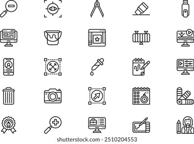 A coleção de ícones de design gráfico é uma ilustração vetorial com traçado editável.