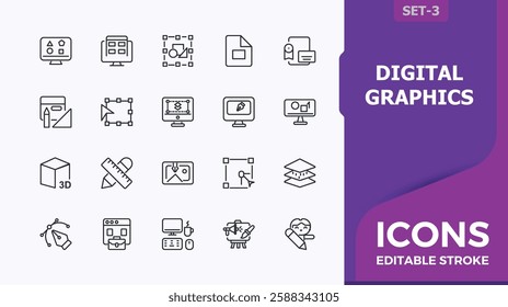 Graphic Design icons. Contain linear outline icons responsive design, computer, creativity, graphic, paint brush, designer and more. Perfect for logos and infographic. Conceptual pictogram.