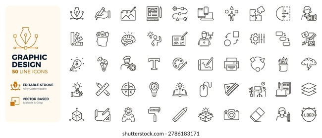 Graphic design icons. Creative process, branding, illustration and visual identity thin line icon set. Editable vector stroke