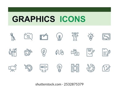 Graphic Design icons set. Art and design vector illustration in modern thin line style of computer graphics related icons. Tools, and more.