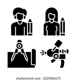 Graphic Design Icons Set = Autor, Schriftsteller Mädchen, Zeichenkompass, Spray Pistole. Perfekt für mobile Anwendungen, App-Symbole, Präsentationen, Illustrationen und andere Projekte