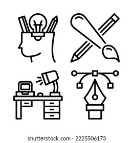 Juego de iconos de diseño gráfico = idea creativa, pincel de pintura, área de trabajo, herramienta de lápiz. Perfecto para aplicaciones móviles web, iconos de aplicaciones, presentación, ilustración y cualquier otro proyecto