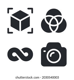 Graphic design icons set = cube, rgb, infinity, camera . Perfect for website mobile app, app icons, presentation, illustration and any other projects.