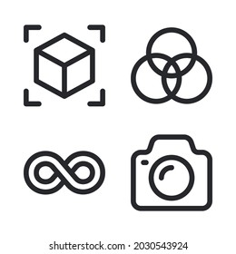 Iconos de diseño gráfico establecidos = cubo, rgb, infinito, cámara . Perfecto para aplicaciones móviles de sitios web, iconos de aplicaciones, presentación, ilustración y cualquier otro proyecto.