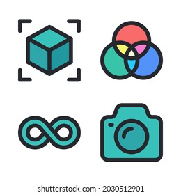 Graphic design icons set (Filled Line) = cube, rgb, infinity, camera . Perfect for website mobile app, app icons, presentation, illustration and any other projects.