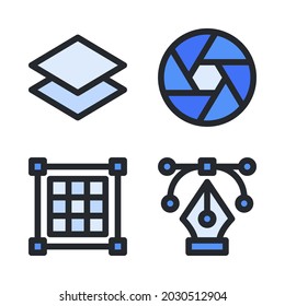 Iconos de diseño gráfico establecidos (Línea rellenada) =capa, lente, cuadrícula, herramienta de lápiz . Perfecto para aplicaciones móviles de sitios web, iconos de aplicaciones, presentación, ilustración y cualquier otro proyecto.