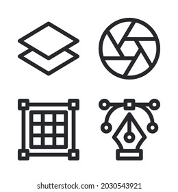 Graphic design icons set =layer, lens, grid, pen tool . Perfect for website mobile app, app icons, presentation, illustration and any other projects.
