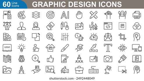 Graphic design icons set. Logo, tools, software, layout, draw, branding, creativity and more. Flat icon vector illustration