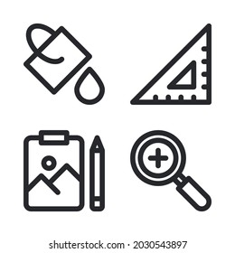 Iconos de diseño gráfico establecidos = cubo de pintura, regla, portapapeles, acercar. Perfecto para aplicaciones móviles de sitios web, iconos de aplicaciones, presentación, ilustración y cualquier otro proyecto.