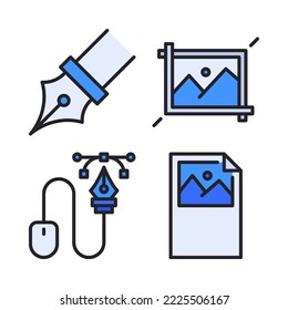 Grafische Design-Symbole Set = Stift-Tool, Bild-Zuschnitt, Maus, Bild-Dokument. Perfekt für mobile Anwendungen, App-Symbole, Präsentationen, Illustrationen und andere Projekte