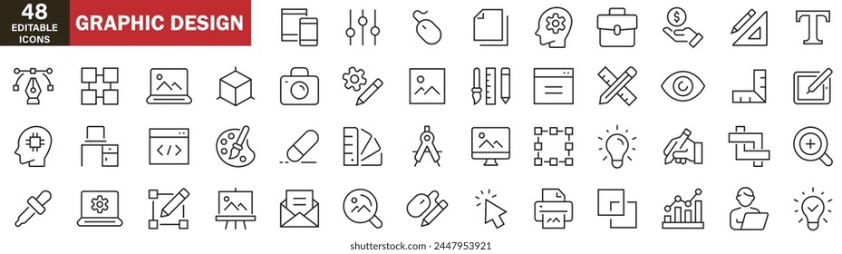 Graphic design icons graphic design. Simple linear icons in a modern style flat, Creative Process. Graphic design, creative package, stationary, software