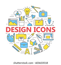 Graphic design icons, vector symbols. Printing and graphic design icons in thin outlines.