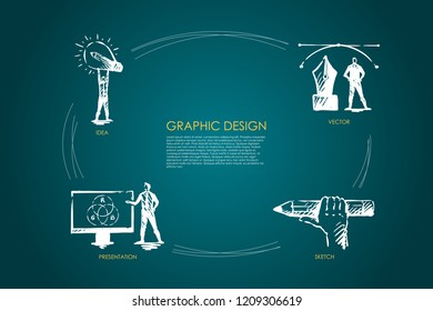 Graphic design - idea, sketch, presentation, vector concept set. Hand drawn sketch isolated illustration