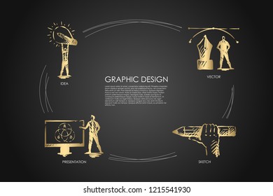 Graphic design - idea, sketch, presentation, vector concept set. Hand drawn sketch isolated illustration