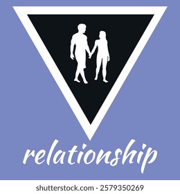 A graphic design illustrating a couple holding hands within a modern geometric shape. The background features shades of blue and a symbolic representation of connection and love.