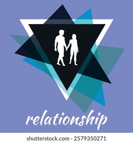 A graphic design illustrating a couple holding hands within a modern geometric shape. The background features shades of blue and a symbolic representation of connection and love.