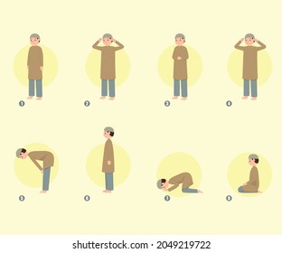 Graphic design illustration about the tutorial on eight prayer movements in the Islamic religion. This illustration is very suitable for use for Islamic religious books, Muslim articles, etc.