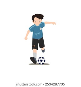 Ilustração gráfica de um menino jogando futebol, vestindo uma camisa azul e calças pretas