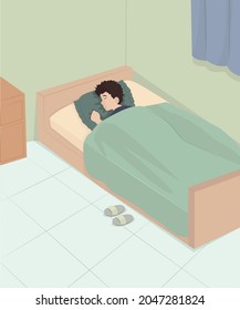 Graphic design illustration of a boy who is fast asleep in his room. This illustration can be used for articles about sleep.
