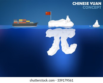 graphic design illustration of Chinese Yuan symbol as iceberg in the ocean with polar bear,Chinese Yuan money value concept design