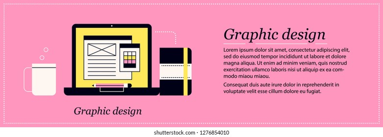 Graphic design illustration. Elegant flat style on pink background. Software editor, inspiration, creative process.
