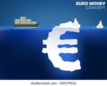 graphic design illustration of euro money symbol as iceberg in the ocean with polar bear euro money value concept design