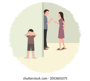 Graphic design illustration of a husband and wife who are fighting, behind the wall their child can be seen covering their ears because they can't stand the situation, but can't do anything