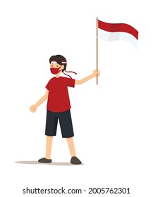 
graphic design illustration of an Indonesian child holding a red and white flag on the 17th of August celebration, with a health protocol in the form of a mask face.