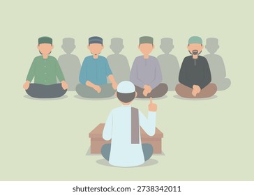 A graphic design illustration of an Islamic religious leader, complete with traditional Muslim attire, delivering a sermon to his congregation in a mosque during the month of Ramadan. With a flat green background.