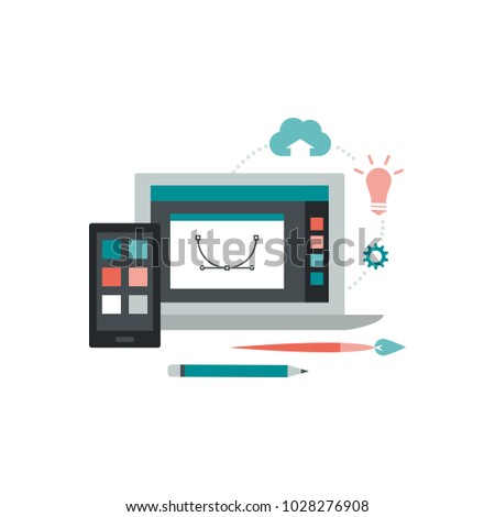 Graphic design and illustration: laptop with vector illustration software, smartphone and creative tools