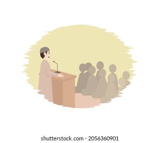 Graphic design illustration of a lecture by an ustadz on the pulpit and attended by the congregation of the mosque.
