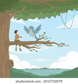 Graphic design illustration of a Lilliputian creature from a fantasy world with long ears, who is chatting with a small blue bird on a big tree.