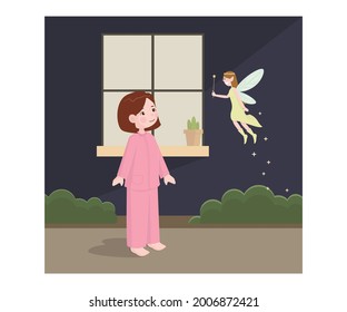 Graphic Design Illustration Of A Little Girl Who Is Meeting A Cute Fairy. This Concept Can Be Applied To A Fairy Tale Book Cover Design.