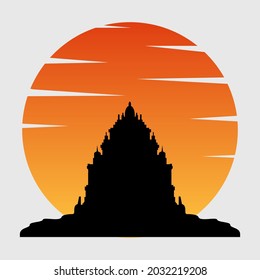 Graphic design illustration of a logo template of a tall silhouetted temple with a sunset in the background. Suitable for company, temple, cultural, and landmark logo. Prambanan Temple