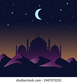 graphic design illustration of a mosque in the desert at night in the month of Ramadan on laylatul qadr. Suitable for breaking fast together design, Ramadan theme poster templates.