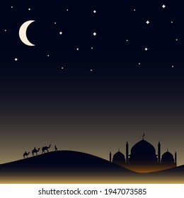 graphic design illustration of a mosque in the desert at night in the month of Ramadan on laylatul qadr. Suitable for breaking fast together design, Ramadan theme poster templates.