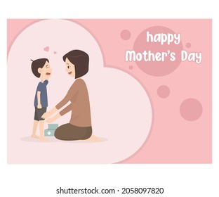 Graphic design illustration of a mother treating her child's leg which was injured in a fall, accompanied by the words "Happy mothers day"