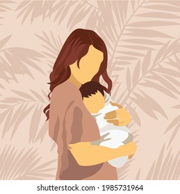 Graphic Design Illustration Motherhood Mom Wearing Pink Dress Holding Newborn Baby Swaddled With Leaves in the Background