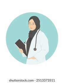 Ilustração gráfica de uma médica muçulmana usando um hijab e seus atributos médicos.