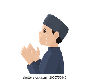 Graphic design illustration of a Muslim man who is praying to his god after prayer, until he sheds tears. Can be used for poster design, quote illustrations, etc.