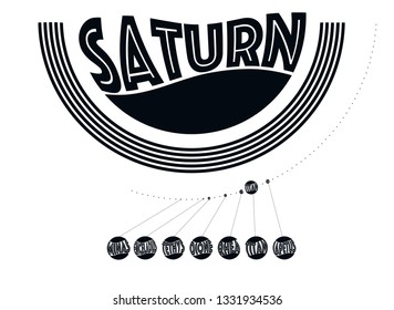 graphic design illustration of planet Saturn and its moons in black and white