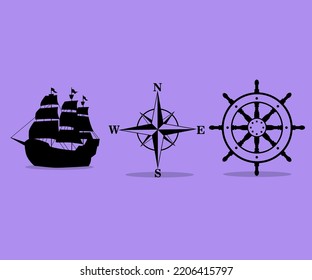 graphic design, illustration of ship, rudder, compass, columbus day